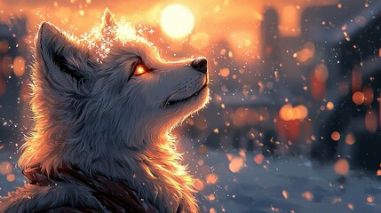 Poster -   Close-up of a dog in snow with city skyline and falling snowflakes