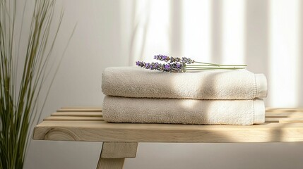 Poster -   A pile of folded towels resting on a wooden table beside a pot on another wooden table