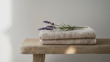 Wall Mural -   A tower of towels resting on a wooden table beside a bed of lavender