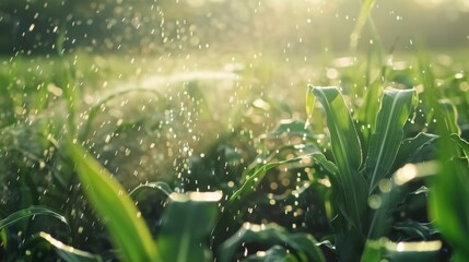 Wall Mural - Close-up of vibrant green crop leaves glistening with water droplets in the early morning light, creating a fresh and vibrant atmosphere.