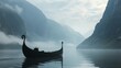 © VK Studio - A solitary Viking ship glides through a misty fjord, surrounded by towering mountains and tranquil waters, evoking a sense of mystery and ancient voyages.