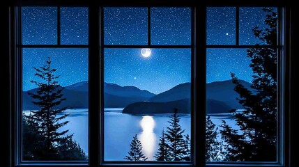 Wall Mural -  A window offers a stunning nighttime view of a serene lake surrounded by majestic mountains, illuminated by a full moon and twinkling stars