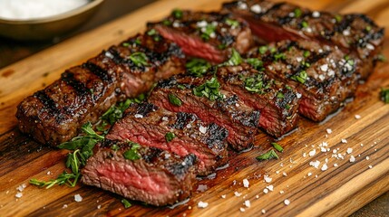 Wall Mural -   A sharp close-up of a juicy piece of steak atop a cutting board, artfully sprinkled with seasoning and a dusting of salt