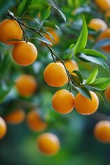 Wall Mural - A vibrant branch with several ripe orange fruits hanging, set against a background of green leaves.