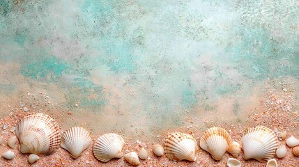 Poster -   Group of seashells on a sandy beach with a blue and green wall background