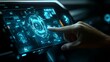 © Aziz - Man hand on dark background holding and touching holographic smart car interface projection 3D rendering