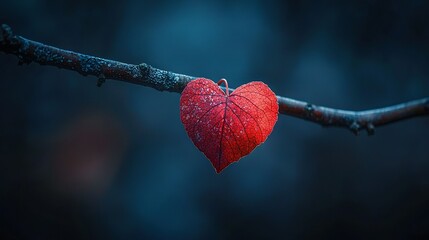 Wall Mural -   Red Heart Hanging From Tree Branch With Water Droplets