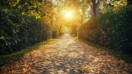 Wall Mural -  Sunlight filters through tree leaves on a winding trail flanked by bushes and trees