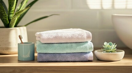 Poster -   A wooden table holds a stack of towels, a cup, and a succulent plant