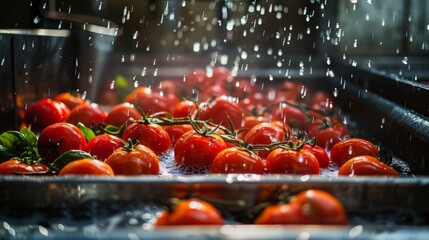 Wall Mural - Fresh tomatoes glisten under a spray of water, capturing the essence of freshness and the vibrancy of farm-fresh produce.