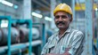© VK Studio - A smiling worker with a moustache and safety helmet, standing confidently in a busy industrial setting.