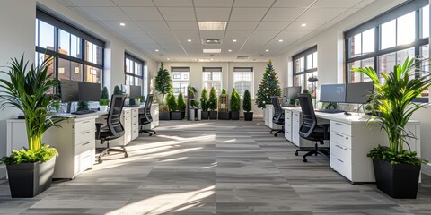 Wall Mural - a spacious and modern office with large windows, decorated with various green plants and a christmas
