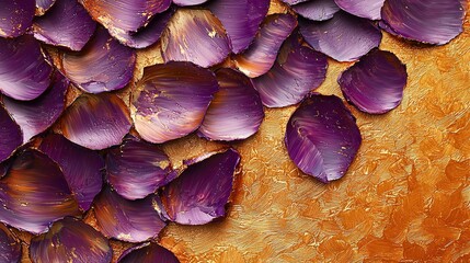 Wall Mural -   A close-up photo of vibrant purple flowers on yellow paper with droplets of water, set against a tawny backdrop