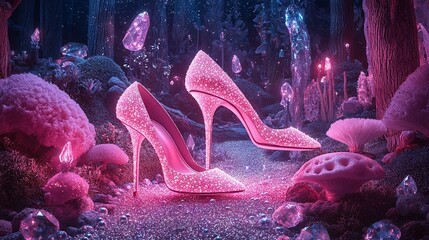   A lush green forest showcases a pair of pink high-heeled shoes surrounded by many pink blossoms