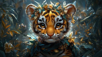 Canvas Print -   Painting depicts a regal tiger crowned with vibrant flora, surrounded by verdant foliage in the background