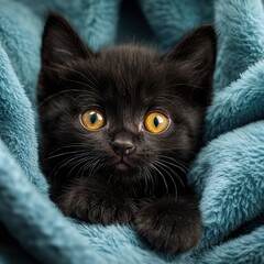 Poster -   A yellow-eyed cat is positioned at the center of a white blanket in this close-up photograph