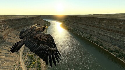 Poster -  Bird soaring over desert river at dusk