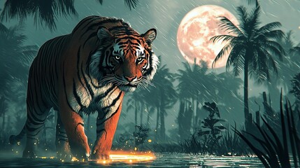 Sticker -   A tiger crossing a waterway in front of a dense palm tree forest under the glow of a full moon