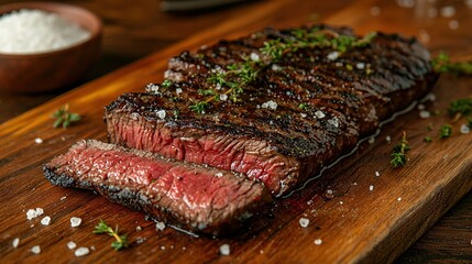   A perfectly seared steak resting on a rustic wooden cutting board alongside a bowl brimming with savory sea salt and freshly ground black pepper