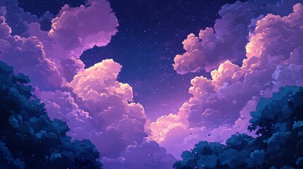 Poster - Purple Sky with Fluffy Clouds and Scattered Stars