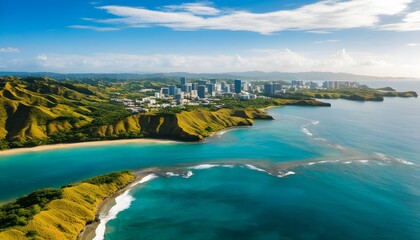 Serene beach and vibrant city skyline of Puerto with emerald green waters