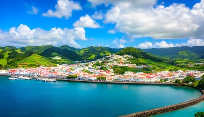 Spectacular Horta city on Faial Island of Azores embraced by stunning ocean views and lush hills