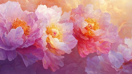 Wall Mural -   Pink Peonies on Pink and Yellow Background