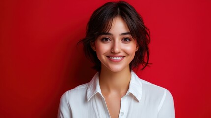 Wall Mural - Smiling young woman poses against a vibrant red background indoors