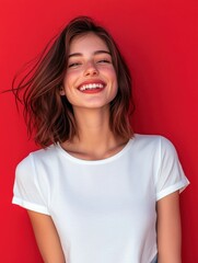 Canvas Print - Young woman smiling warmly in front of a vibrant red background