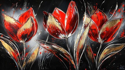 Canvas Print -   Red tulips on black background with paint splatters on petals