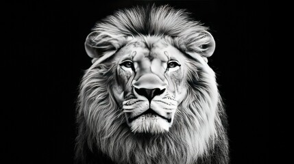 Canvas Print -  A monochrome image of a lion's face against a dark backdrop with the word Lion overlaid in white text