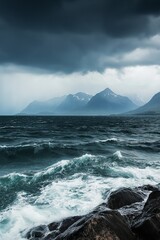 Wall Mural - The ocean is rough and the sky is dark and cloudy. Scene is ominous and foreboding