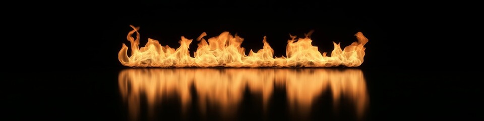 Wall Mural - A long line of fire with a reflection of it in the water. The fire is very bright and the reflection is also very bright