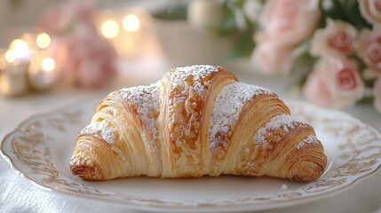 Poster -   A croissant dusted with powdered sugar rests on a white plate beside a bouquet of pink roses