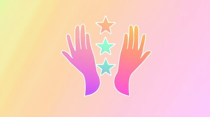 Two hands reaching up with three stars, set against a pastel gradient background.