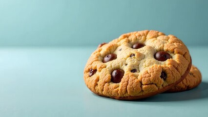 Two deliciously baked chocolate chip cookies on a pastel mint background.