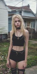 Canvas Print - Young person in casual black outfit standing outdoors in a suburban area