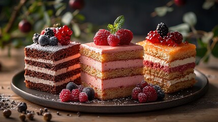 Wall Mural -   Two cakes, one plate - berries and raspberries on top