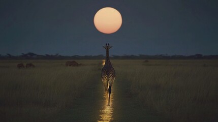 Poster -   A giraffe saunters through a verdant meadow alongside a towering, moonlit grove