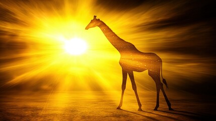 Sticker -   A giraffe standing in front of the sun with its head turned, appearing like a silhouette against the bright sky