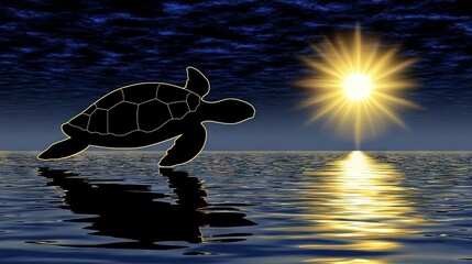 Poster -   Image of a turtle swimming in the water under a bright sun, with a serene lake in the backdrop