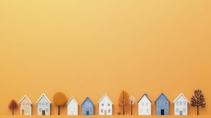 Canvas Print - Charming Row of Colorful Houses Framed by Lush Green Trees Under a Clear Blue Sky, Capturing a Serene Suburban Landscape in Natural Light