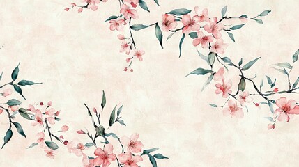 Wall Mural -   A painting of a pink-laden branch on a light pink background, adorned with green foliage and additional floral accents