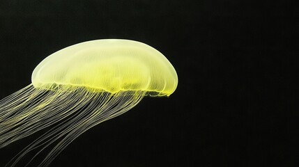 Poster -   A jellyfish in focus against a dark backdrop, reflecting light beneath its translucent head