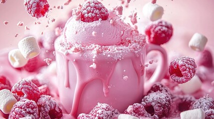 Wall Mural -  Ice cream with raspberries & marshmallows on a pink bg