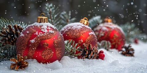 A beautifully captured festive winter scene featuring three glittery red Christmas ornaments adorned with snow, surrounded by pine cones and evergreen branches