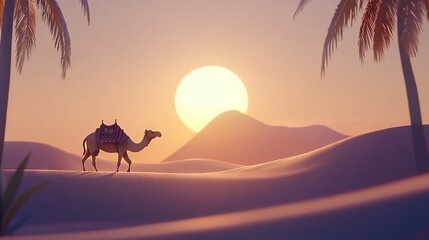 Wall Mural -   Desert landscape featuring a camel in the foreground and palm trees in the background as the sun sets in the distance