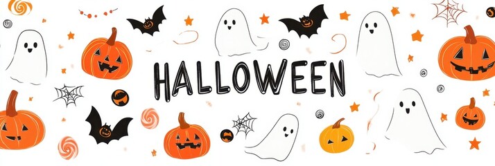 Wall Mural - Halloween flat vector elements set with pumpkins, ghosts and magic symbols on white background with text 
