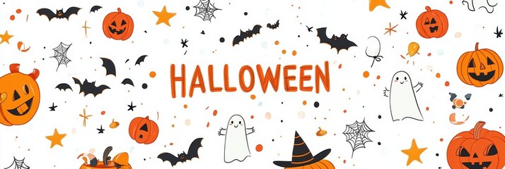 Halloween flat vector elements set with pumpkins, ghosts and magic symbols on white background with text 