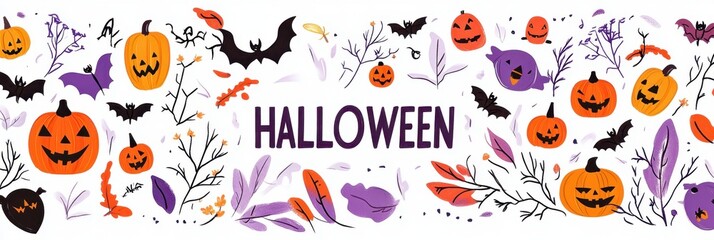 Wall Mural -  flat cartoon Halloween elements set isolated on white background, collection of halloween symbols and icons for decoration design, illustration with text 